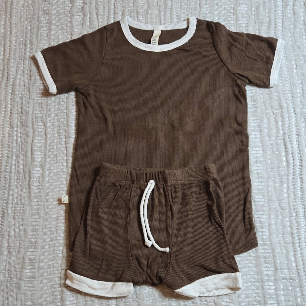 Childhoods Brown Ribbed Short Sleeve Set with White Trim